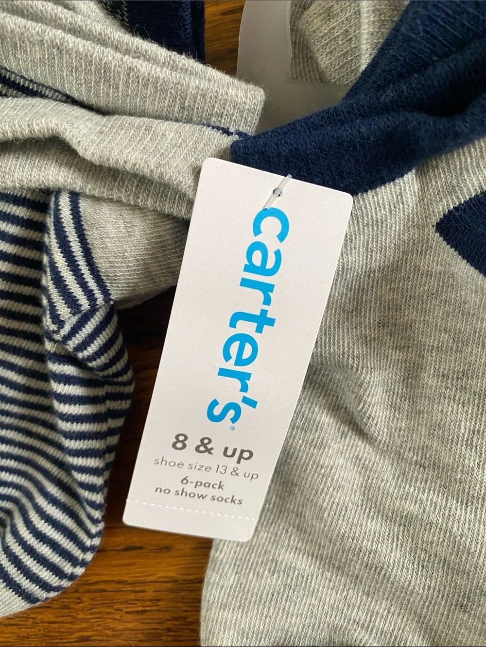 NWT Carter's Kids Gray & Navy No-Show Socks 6-Pack, Shoe Size 13 and up